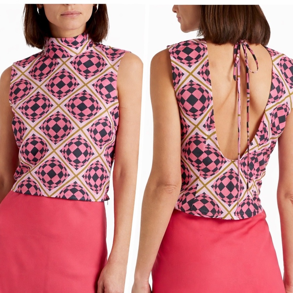 NWT Maisie Wilen Geometric High Neck Open Back Top L Mod Retro Psychedelic Rave